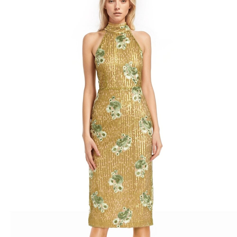 NWT Badgley Mischka | Jewel |  Embroidered Sequin Halter Dress | Citrus  SZ 0